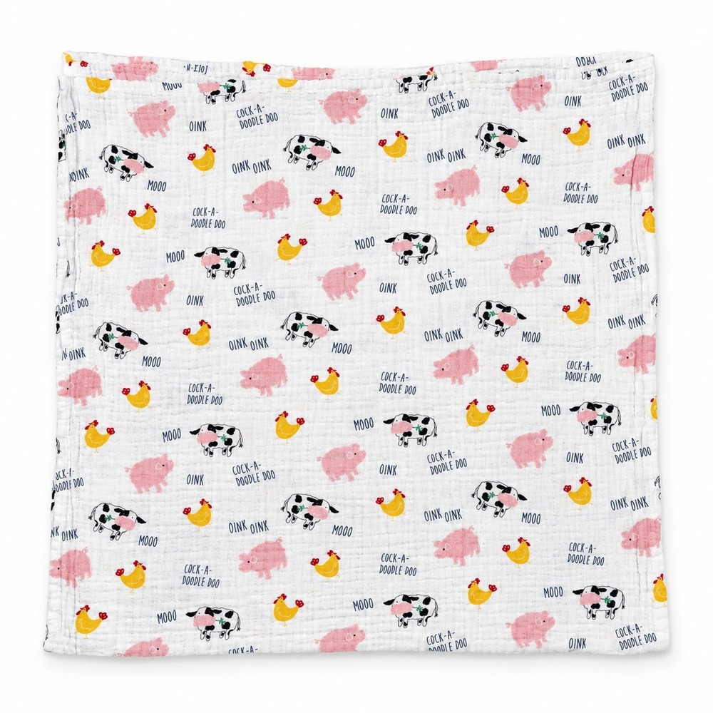 Mud Pie Swaddle Blanket Farm Animal Cow Pig Chicken White Cotton Muslin Barn